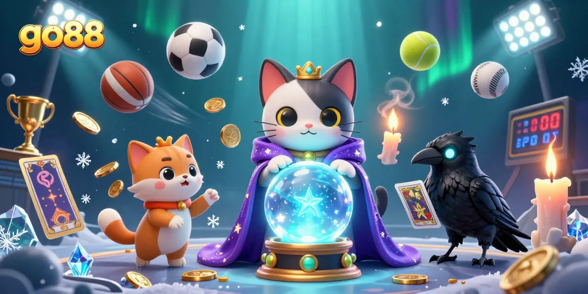 Experience go88's thrilling atmosphere with a mystic fortune teller and sports elements in this vibrant illustration.