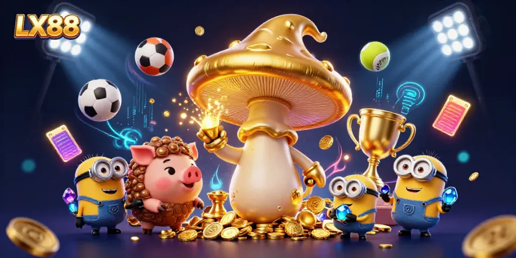 Experience the excitement of LX88 with a vibrant illustration showcasing gold magic and dynamic sports elements.
