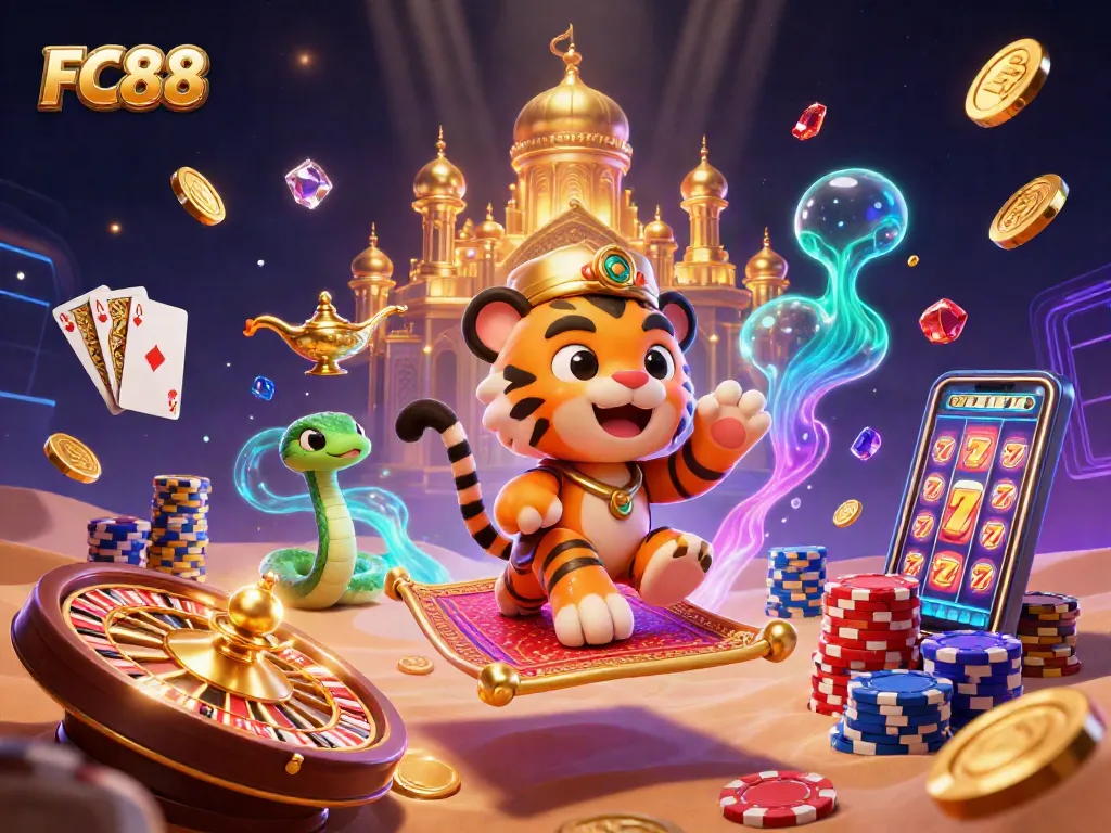 Experience thrilling casino action with FC88 featuring a vibrant 3D scene full of games and excitement.