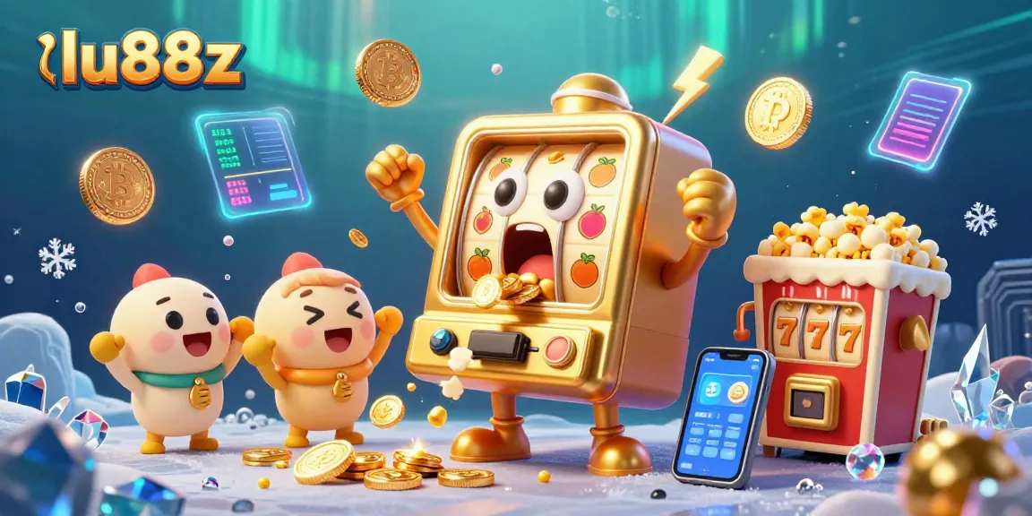 lu88z slot machine wins a jackpot as coins pour out, surrounded by cheering mini machines and crypto elements.