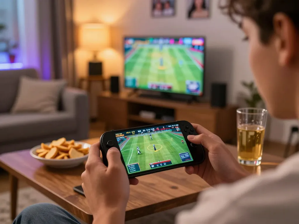 Person using smartphone for luongson live sports betting in cozy home setting.