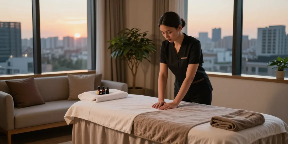 Relaxing hotel room for 모텔출장안마 service featuring a massage table, calming decor, and urban skyline view.