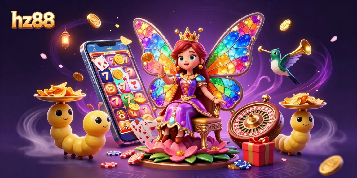 Experience the thrill of hz88 with a captivating 3D illustration of a colorful casino scene filled with vibrant characters.