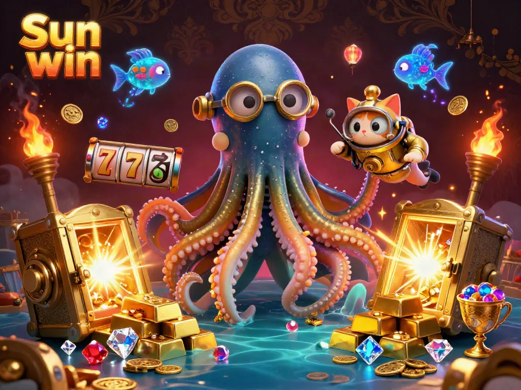 Engage with thrilling gaming experiences at Sun win with colorful casino-themed characters and treasures.