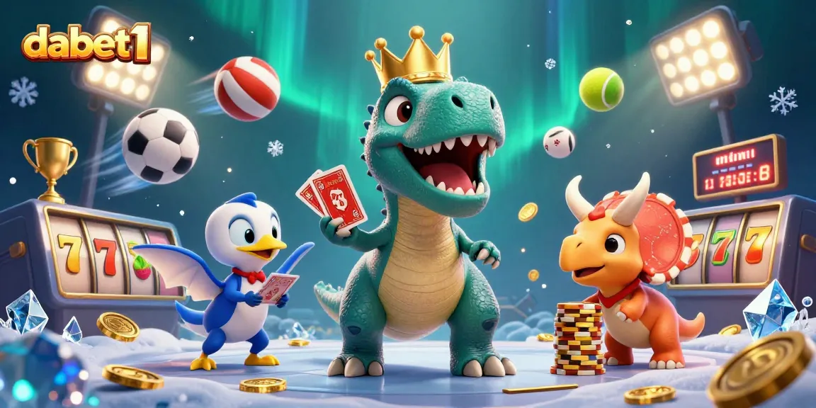 dabet1 showcases a vibrant casino scene with a friendly T-Rex and friends engaged in thrilling card games and stacking chips.