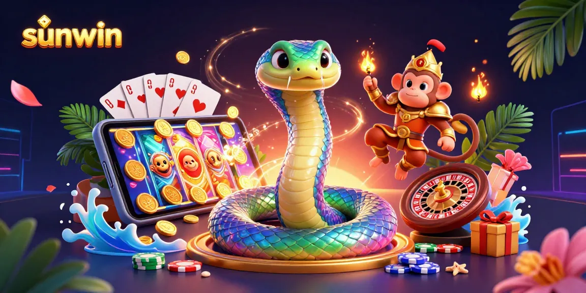Engage in sunwin gaming with a vibrant scene featuring a rainbow serpent and monkey king amid dynamic slot game elements.