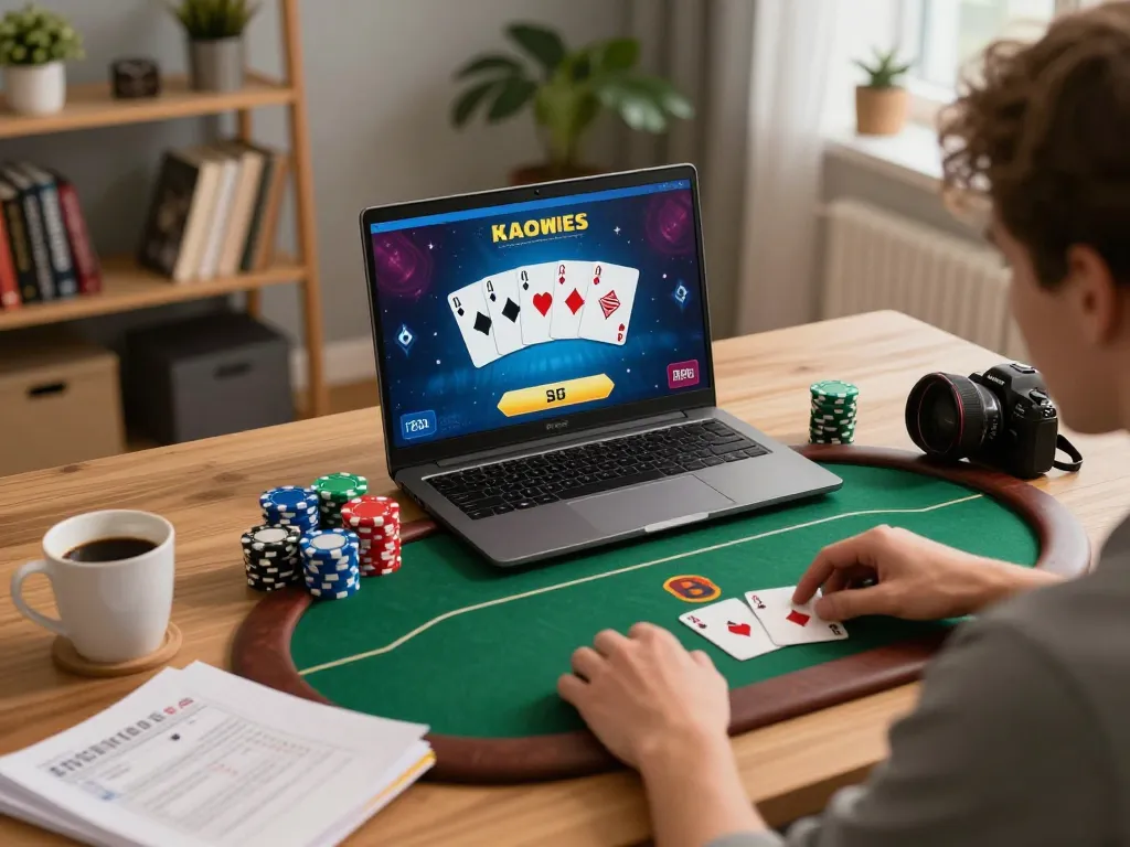 Engaging in an open88 online poker game from a cozy home setup with strategy notes.