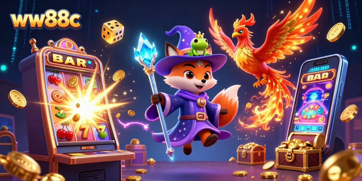 Experience thrilling slot wins at ww88c with a magical illustration of wizard fox and phoenix surrounded by game elements.