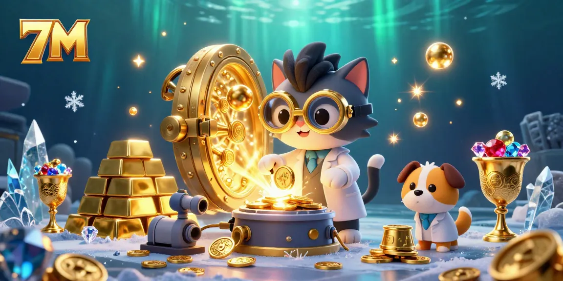 Engage with 7M while winning big at the casino with this 3D illustration full of gold and treasures.