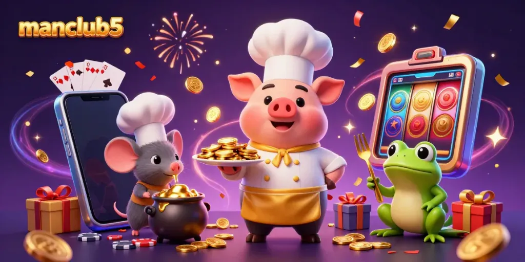 Join the fun at manclub5, where gourmet gold coins and colorful slot games collide!