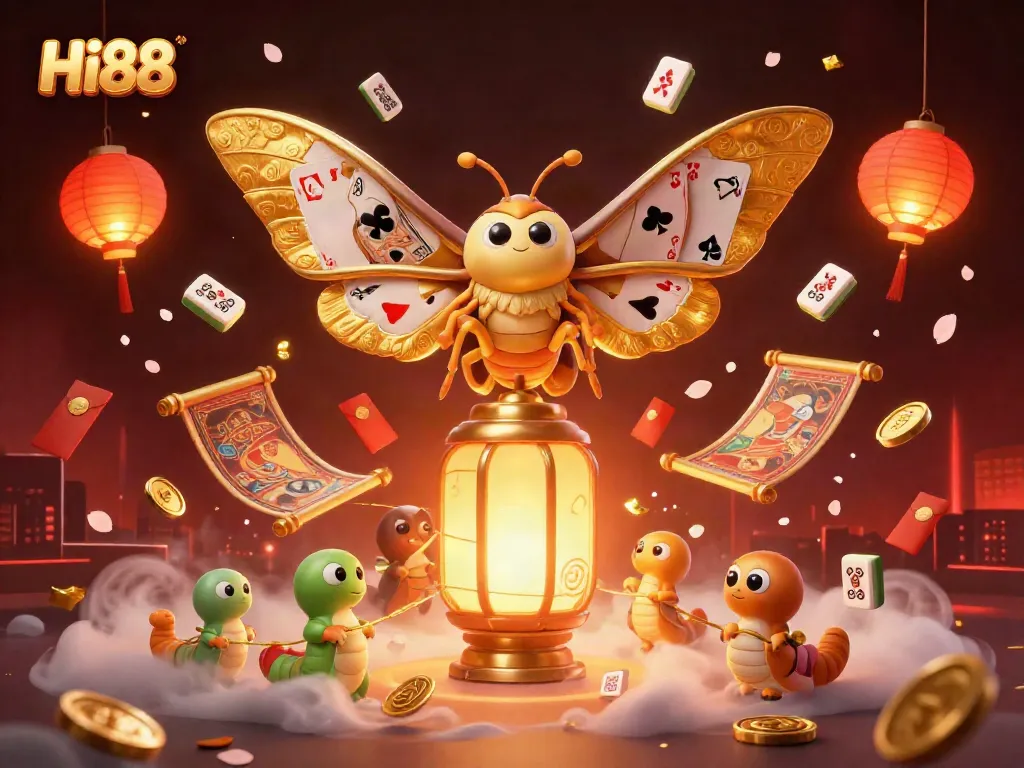 Hi88 offers an enchanting casino scene with a moth and golden thread tapestries.