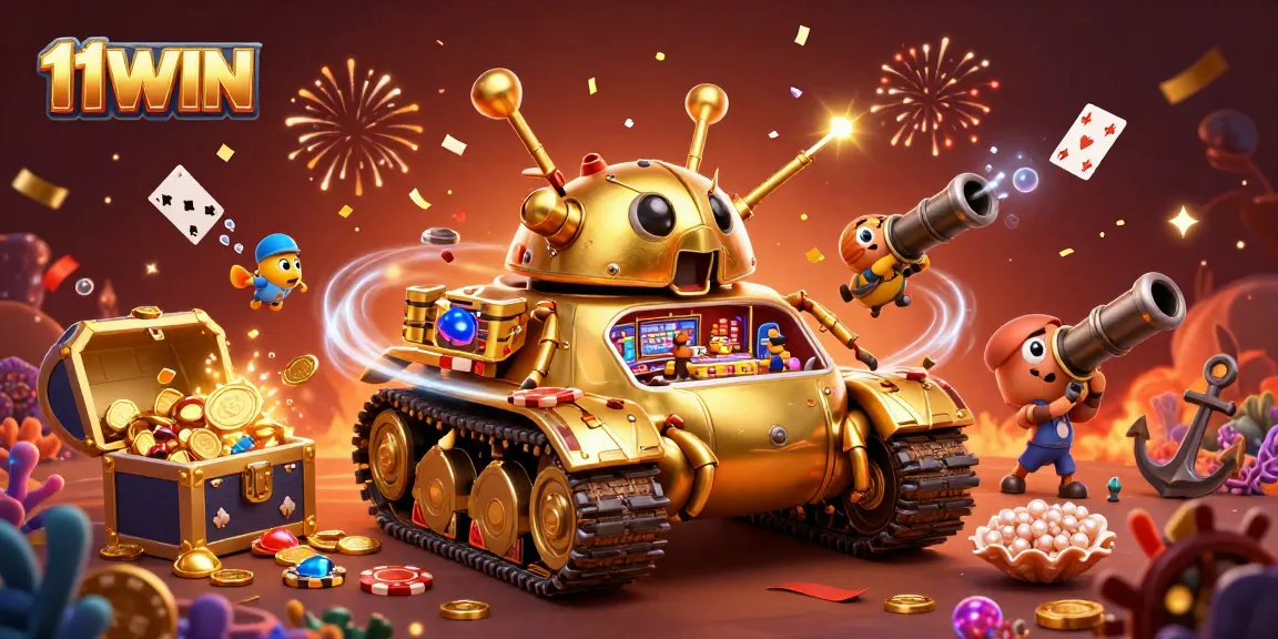 Experience the excitement at 11WIN with a vibrant 3D casino scene featuring golden beetle tank and treasure.