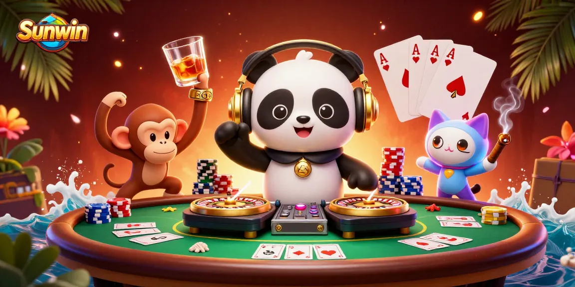 Sunwin brings excitement with a DJ panda and vibrant casino elements at a lively gaming scene.