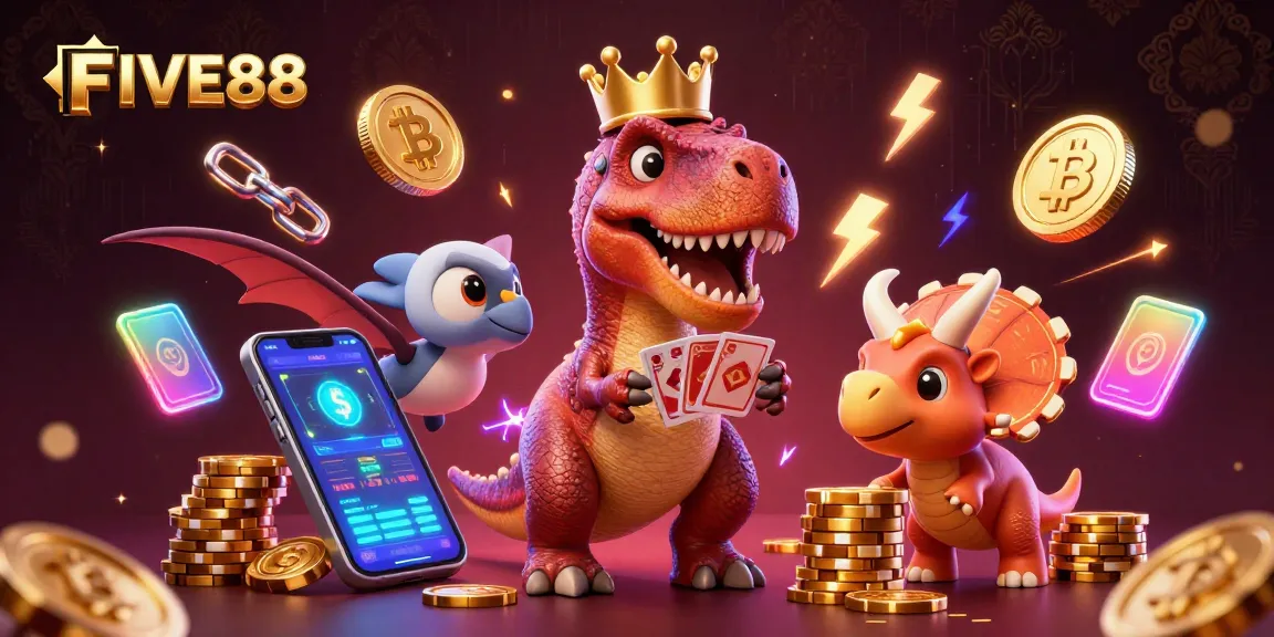 Engage with FIVE88 through an exhilarating casino scene featuring a playful T-Rex, vibrant crypto elements, and dynamic energy.
