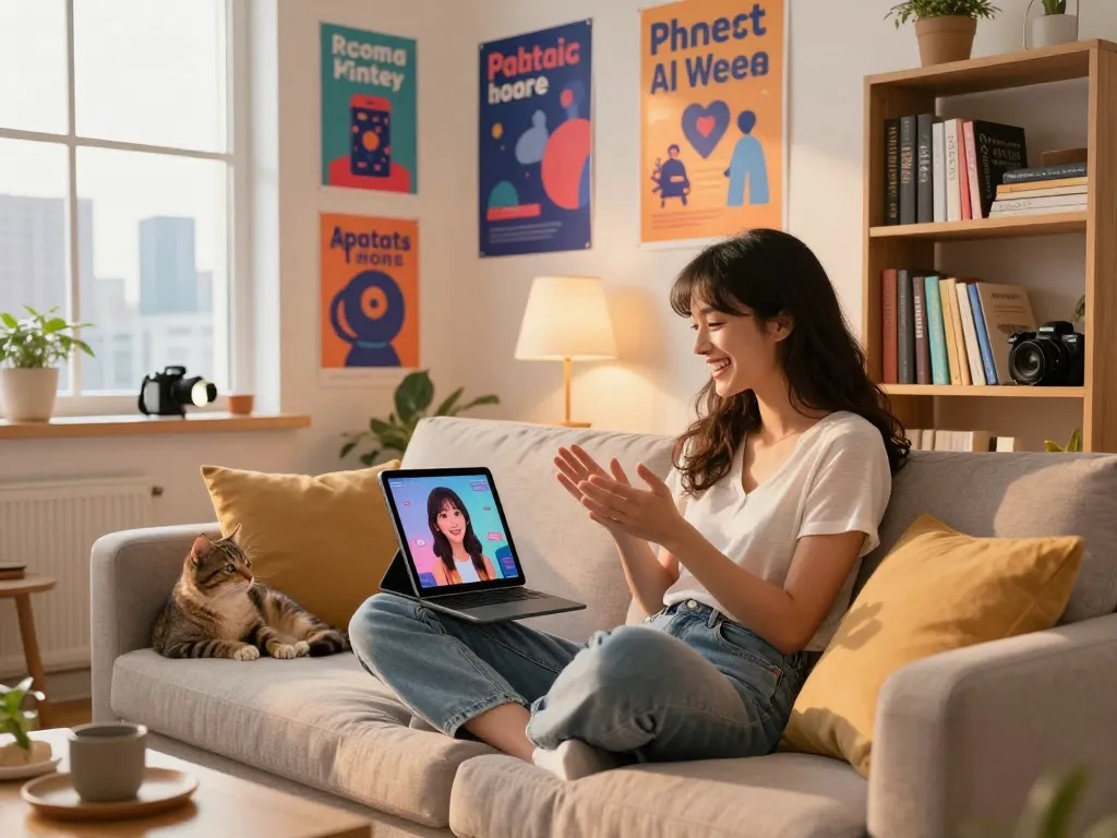 Engaging moment between a user and her AI girlfriend in a modern tech-living space, showcasing emotional warmth and companionship.
