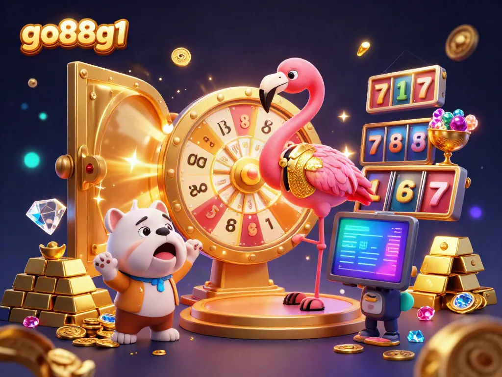 Spin the prize wheel at go88g1, featuring vibrant 3D characters, golden rewards and slot machines.