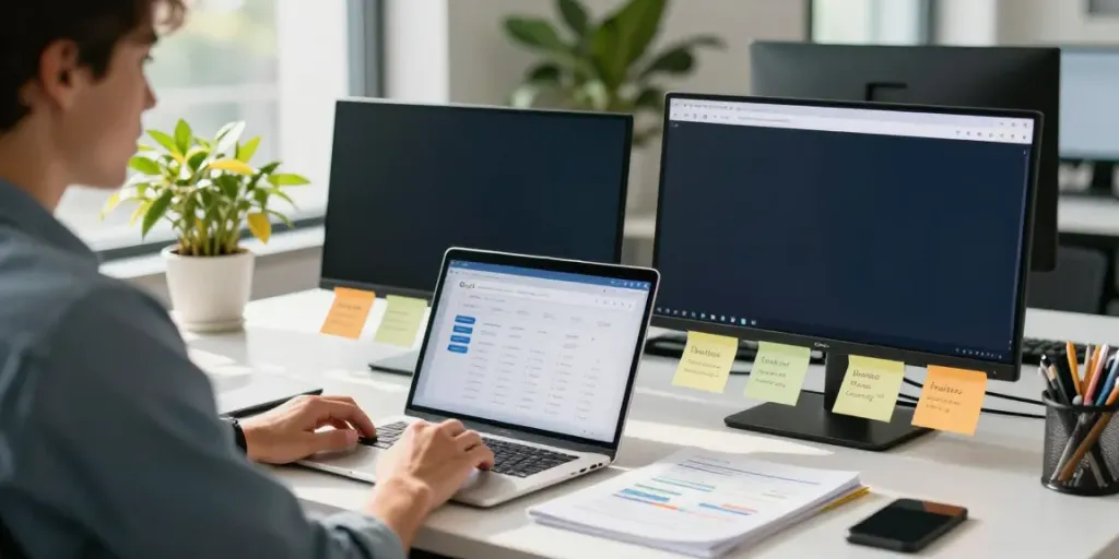 SEO specialist analyzing metrics for instant indexing in a bright office workspace.