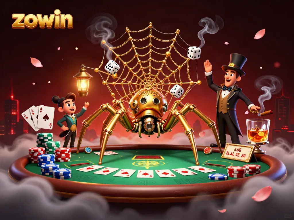 Zowin's engaging 3D casino scene features a golden spider ensnaring dice and poker chips.