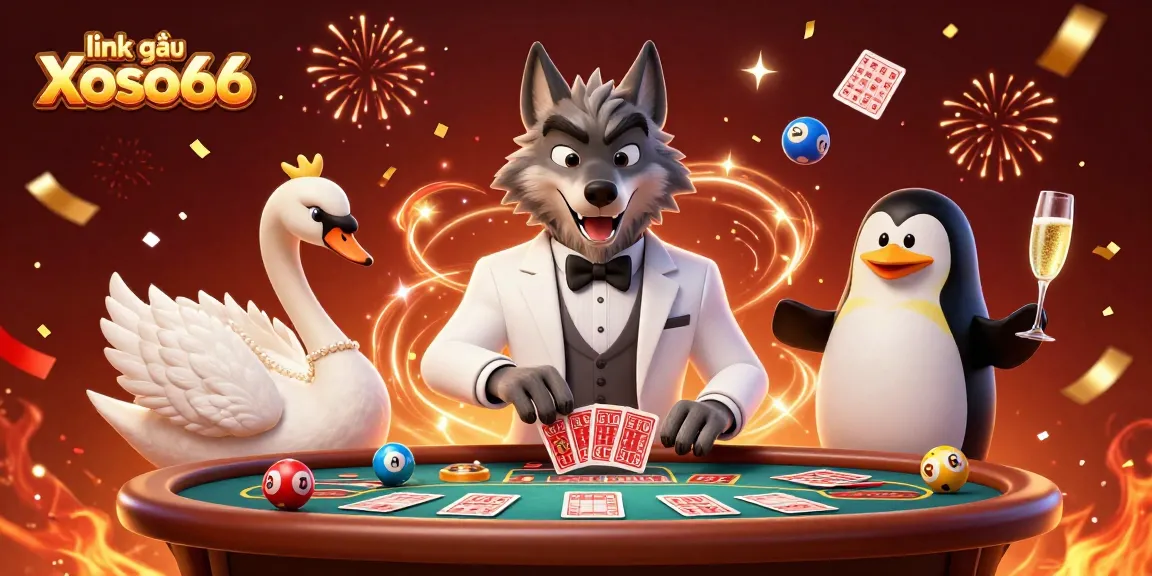 Engage with link vào Xoso66 for lottery excitement featuring 3D characters at a vibrant table!