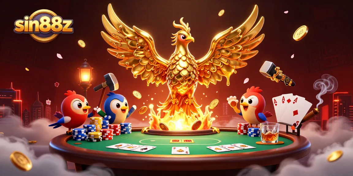Experience the thrill of sin88z with a molten phoenix and vibrant poker elements.