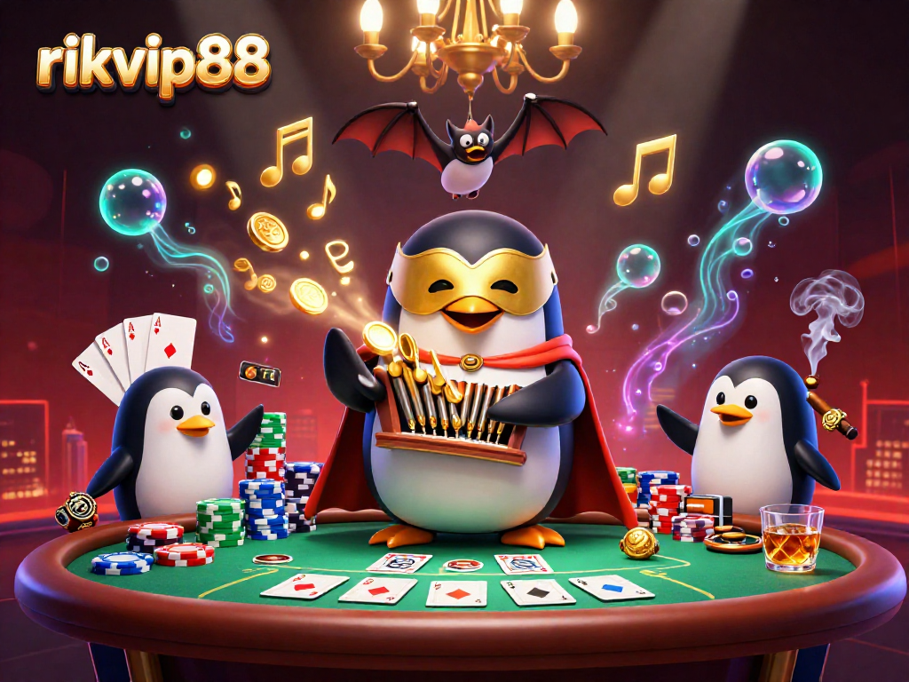 Engage in vibrant gameplay with rikvip88, featuring a whimsical penguin and dynamic casino elements.