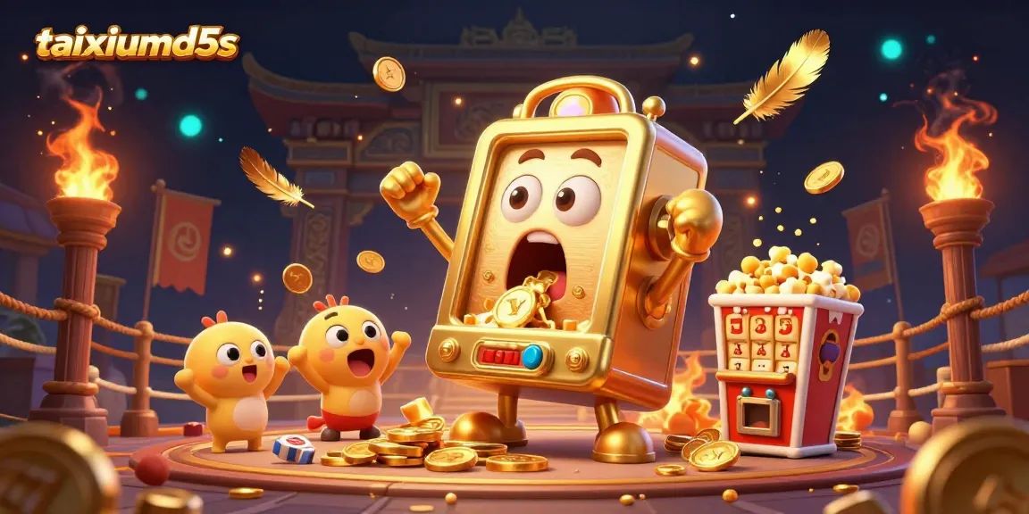 Win big with taixiumd5s as the golden slot machine hits the jackpot amidst a vibrant casino scene.