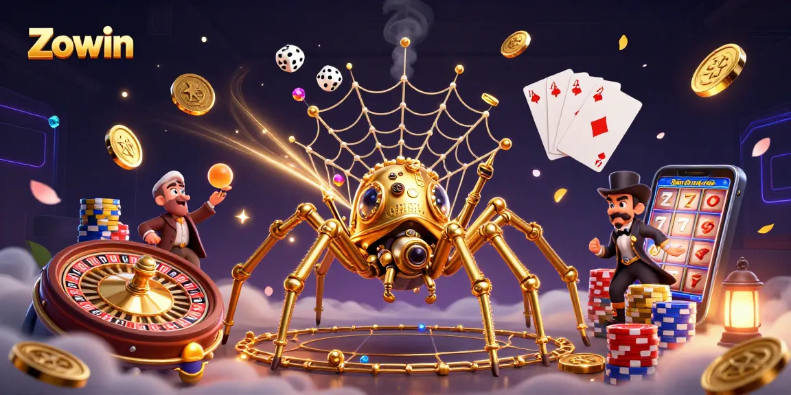 Zowin captivates with a steampunk spider web of gold and poker chips amidst a vibrant gaming scene.