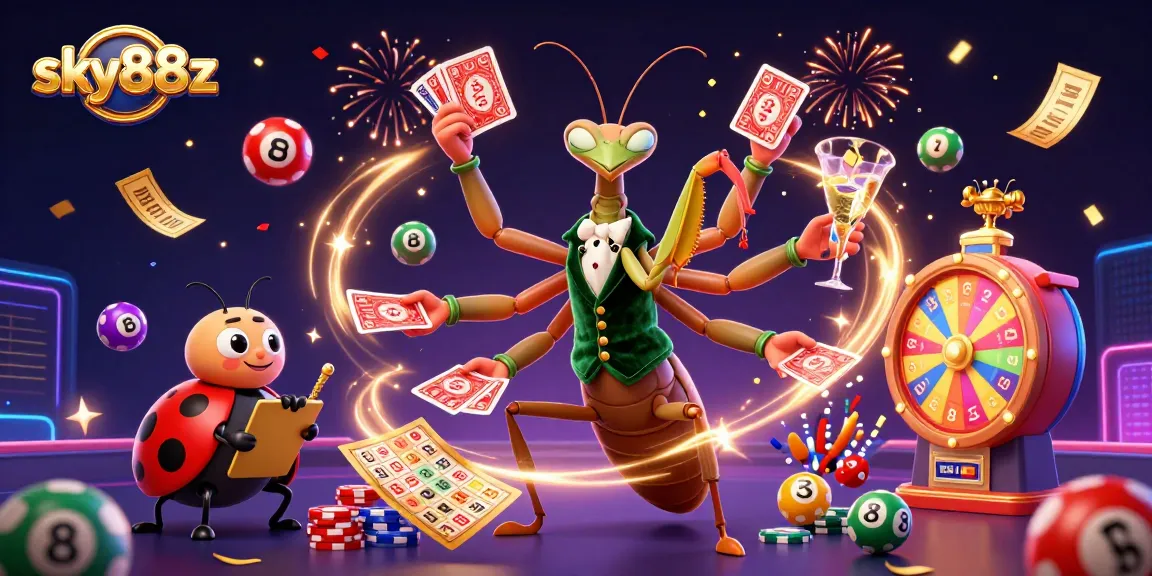 Sky88z showcases a dynamic casino scene with a mantis dealer and ladybug pit boss orchestrating exciting games.