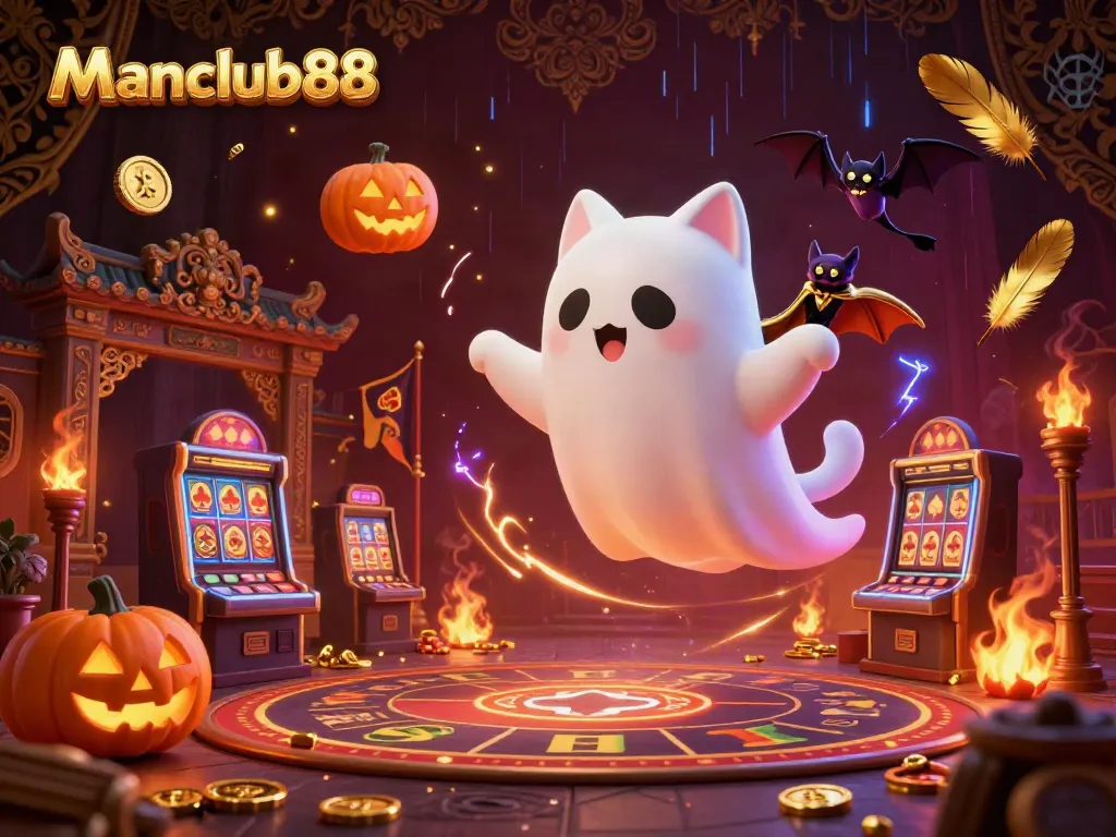 Experience the excitement of manclub88 with a magical ghost cat and bat in a haunted casino landscape.