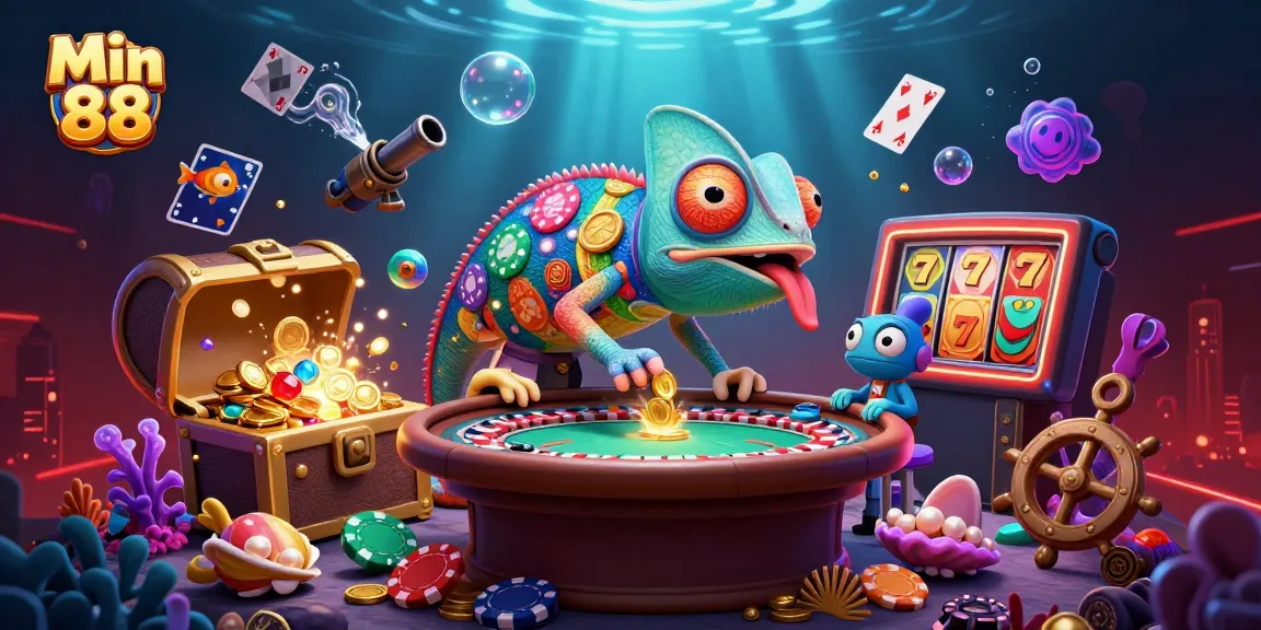 Experience the thrill of Min 88 with the vibrant chameleon casino owner surrounded by exciting slots.