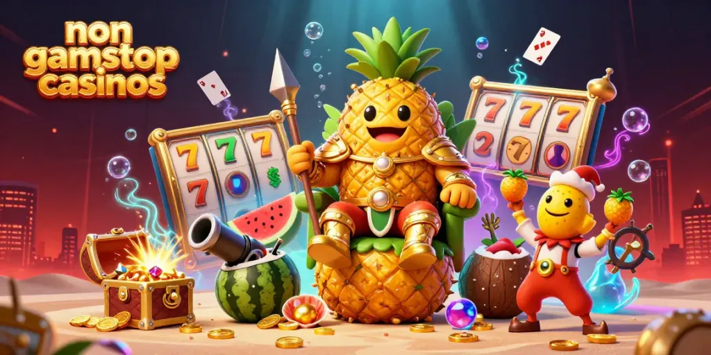 Experience vibrant non gamstop casinos with energetic characters and sparkling treasures in a lush beach setting.