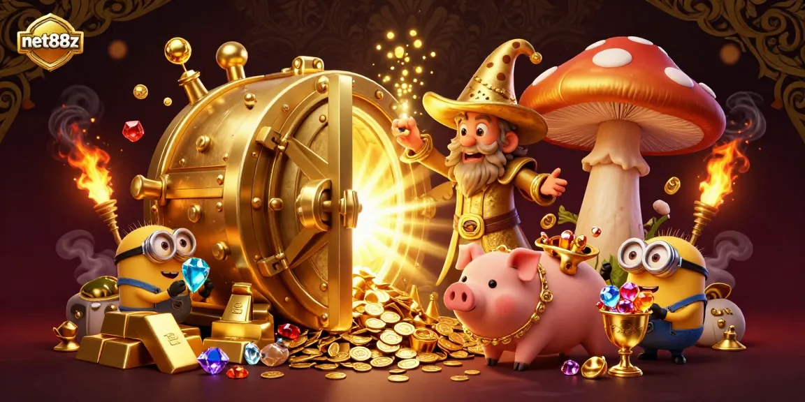 Experience thrilling treasure magic with net88z's charming golden characters in a vibrant casino scene.