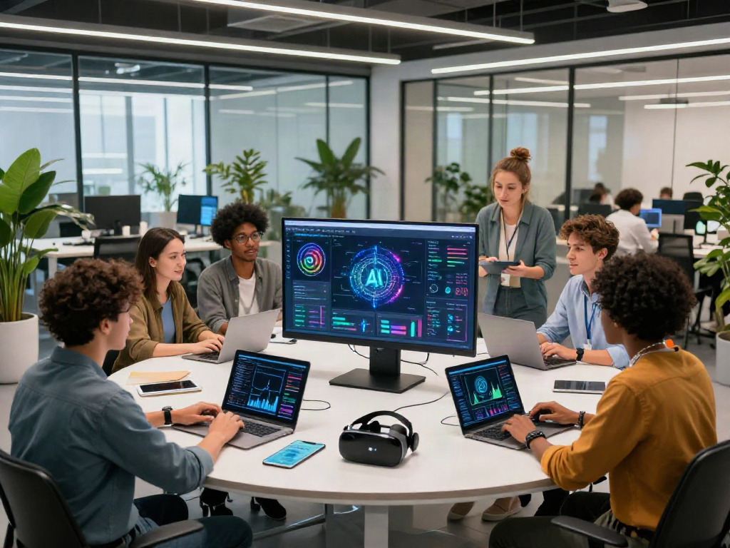 Young professionals collaborating on 18+ ai applications in a modern office, showcasing innovative technology.