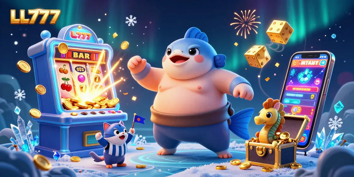 Experience thrilling moments with LL777 in this vibrant underwater gaming scene featuring a jubilant fugu, catfish referee, and exciting casino elements.