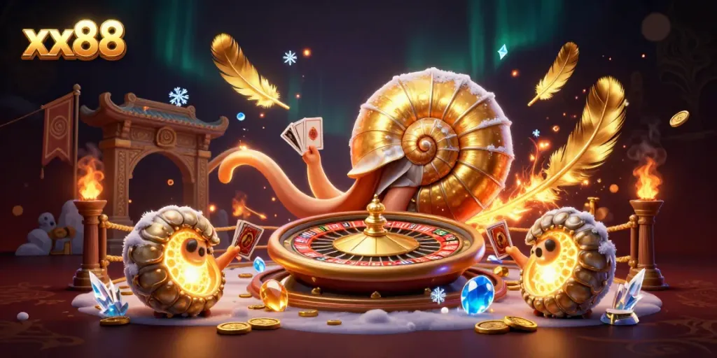 Experience the excitement of xx88 with a vibrant 3D scene of a nautilus roulette wheel and glowing ammonite companions.