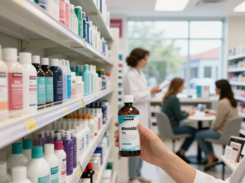 Kirkland Minoxidil UK displayed in a bright pharmacy aisle with hair regrowth products.