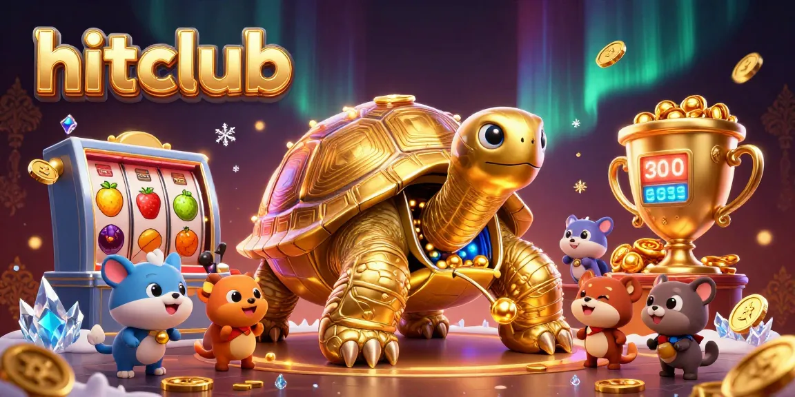 Experience the excitement at hitclub with a vibrant illustration featuring a game-themed tortoise, slot machines, and playful characters.