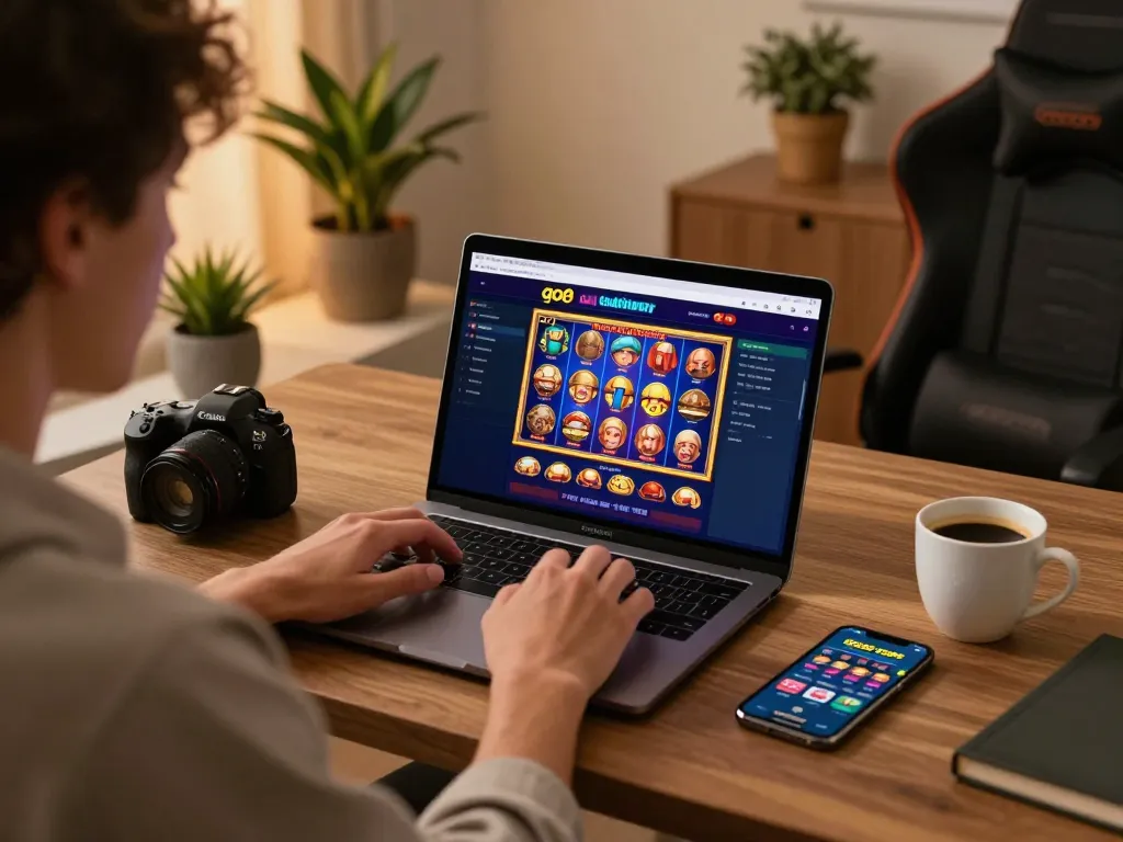 Player engaging in online gaming with go8 casino interface displayed on laptop.