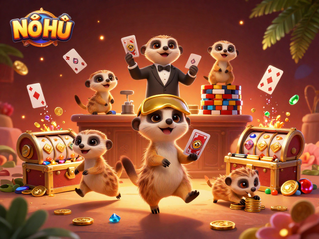 Experience exciting NỔ HŨ action with colorful slots, chips, and meerkats in a vibrant casino scene.