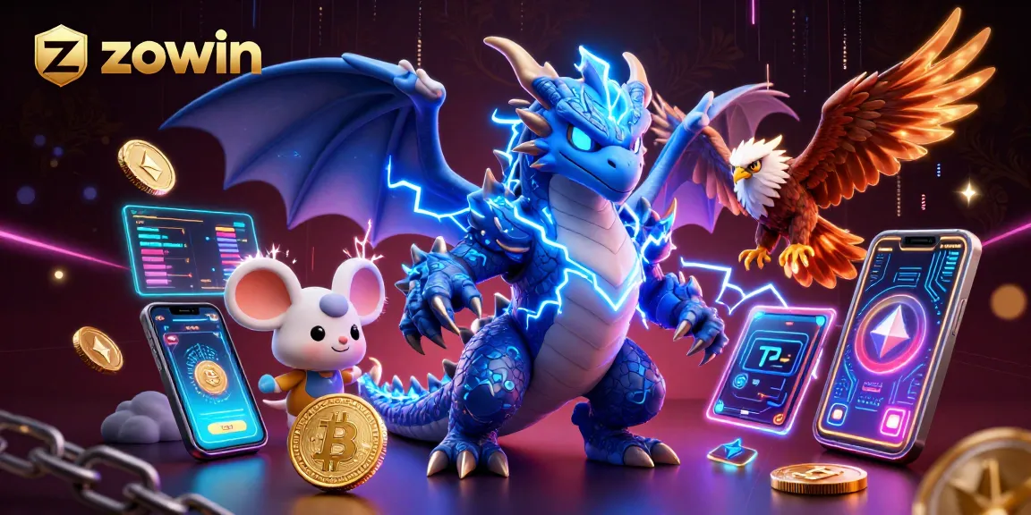 Zowin showcases dynamic 3D digital casino art featuring gaming elements and vibrant characters.