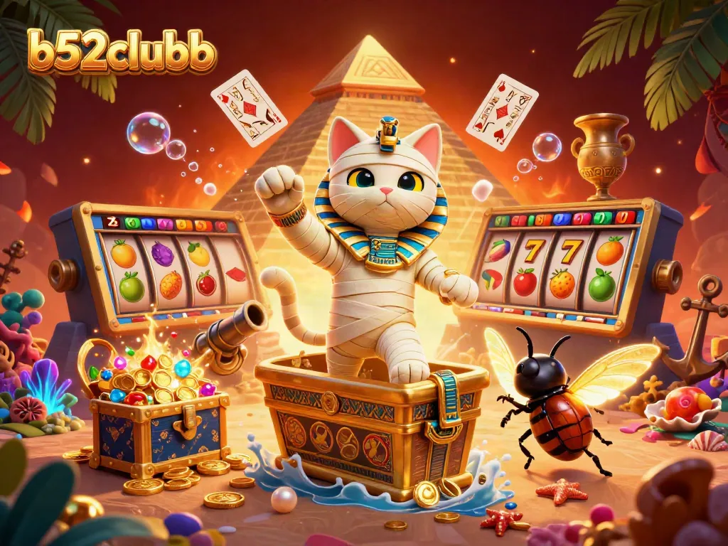 Bets fly high at b52clubb with an Egyptian mummy cat, golden treasures, and vibrant slot elements.