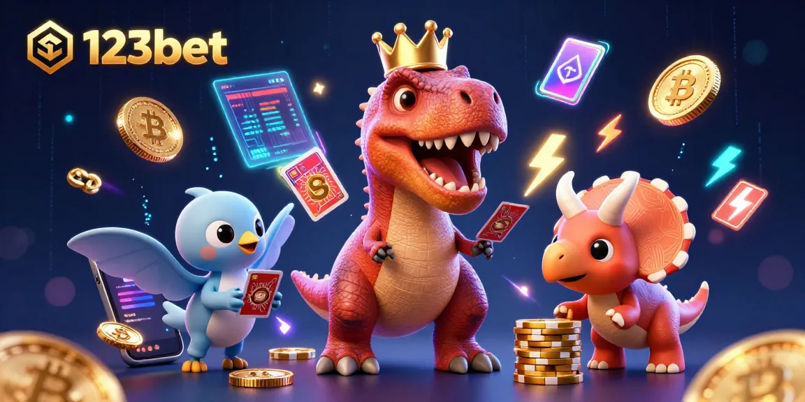 Engage with 123bet's unique 3D casino scene featuring a T-Rex, pterodactyl, and triceratops amidst glowing crypto elements.