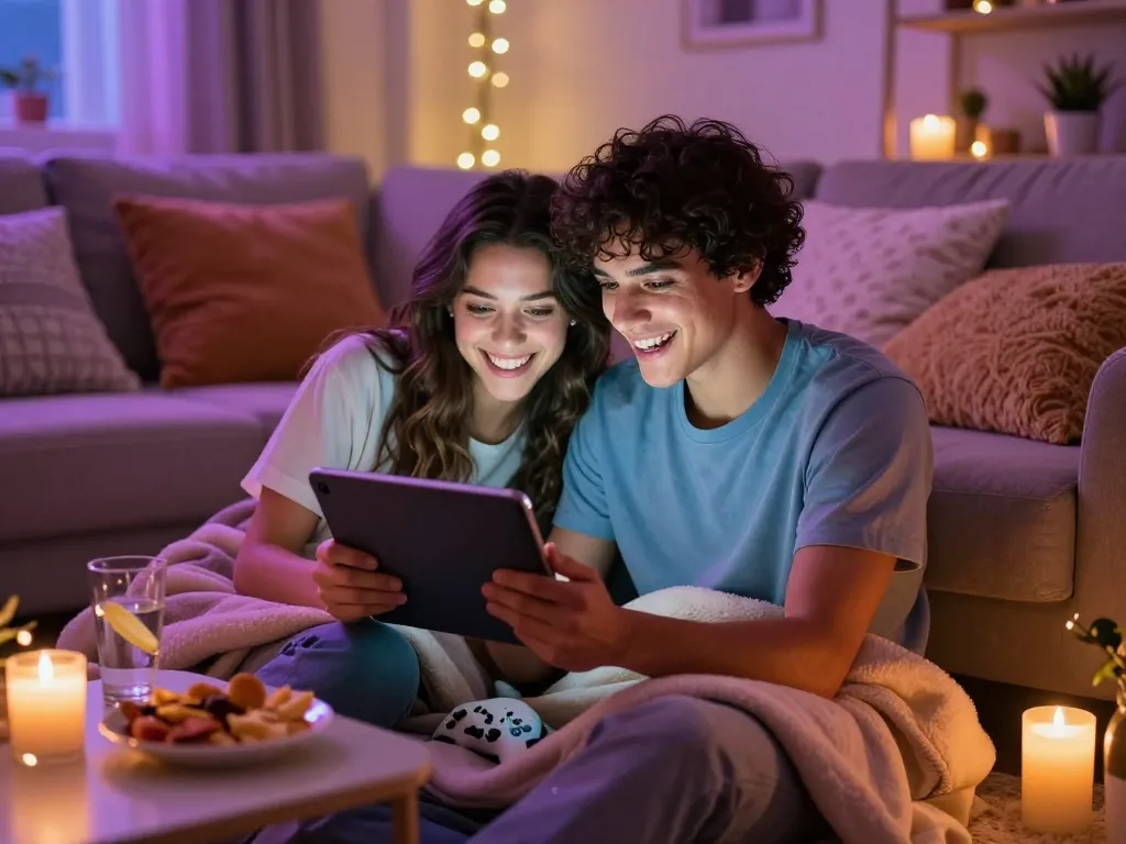 Couple enjoying lewdspot adult visual novels in cozy living room setting.