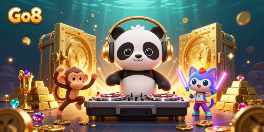 Go8 engaging players with a lively casino scene featuring a DJ panda and vibrant characters.