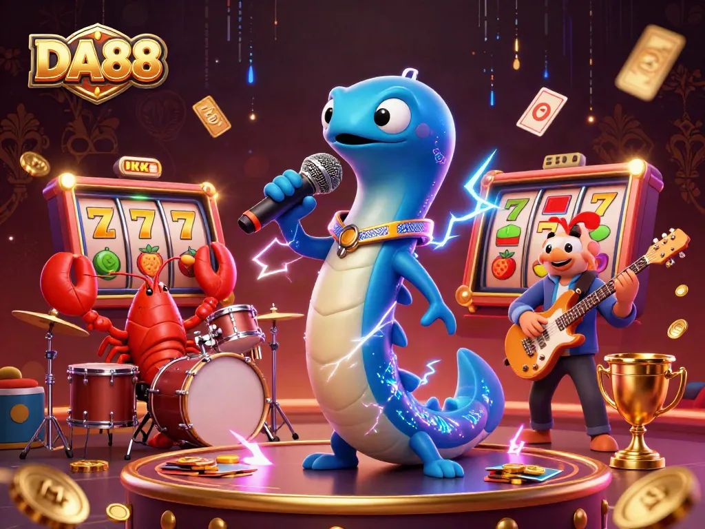 DA88 slot gaming excitement portrayed by a DJ eel and underwater band in a vibrant casino