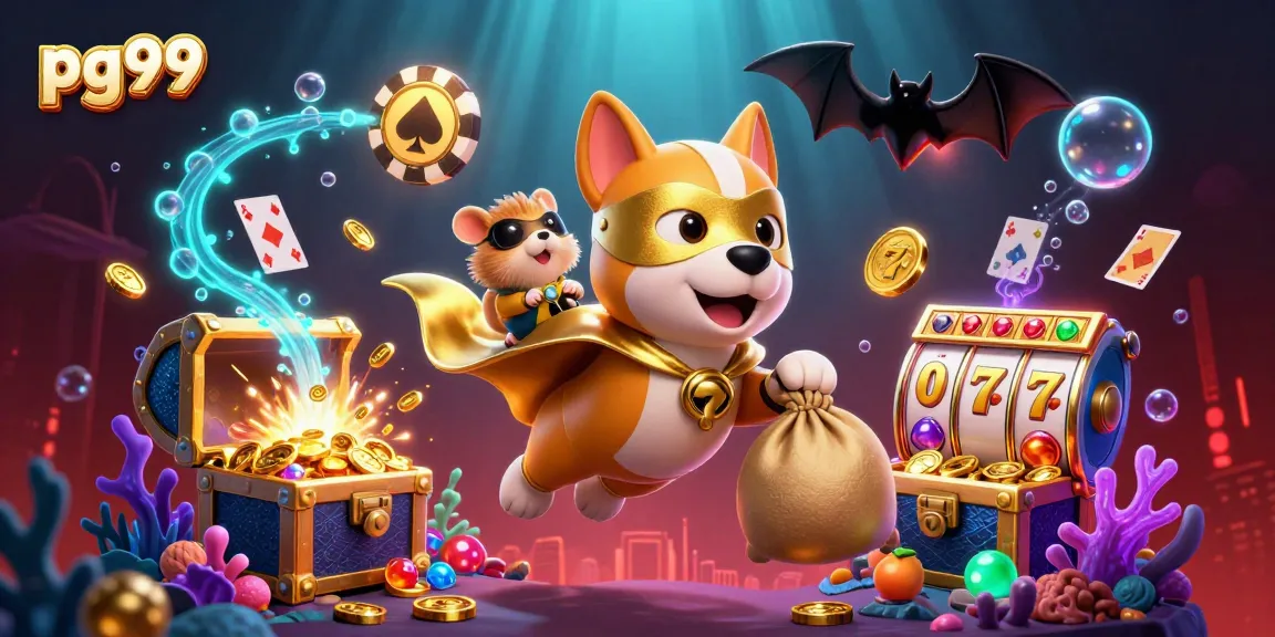 Join the adventure with pg99 as the hero dog flies through a vibrant casino world full of treasures and games.