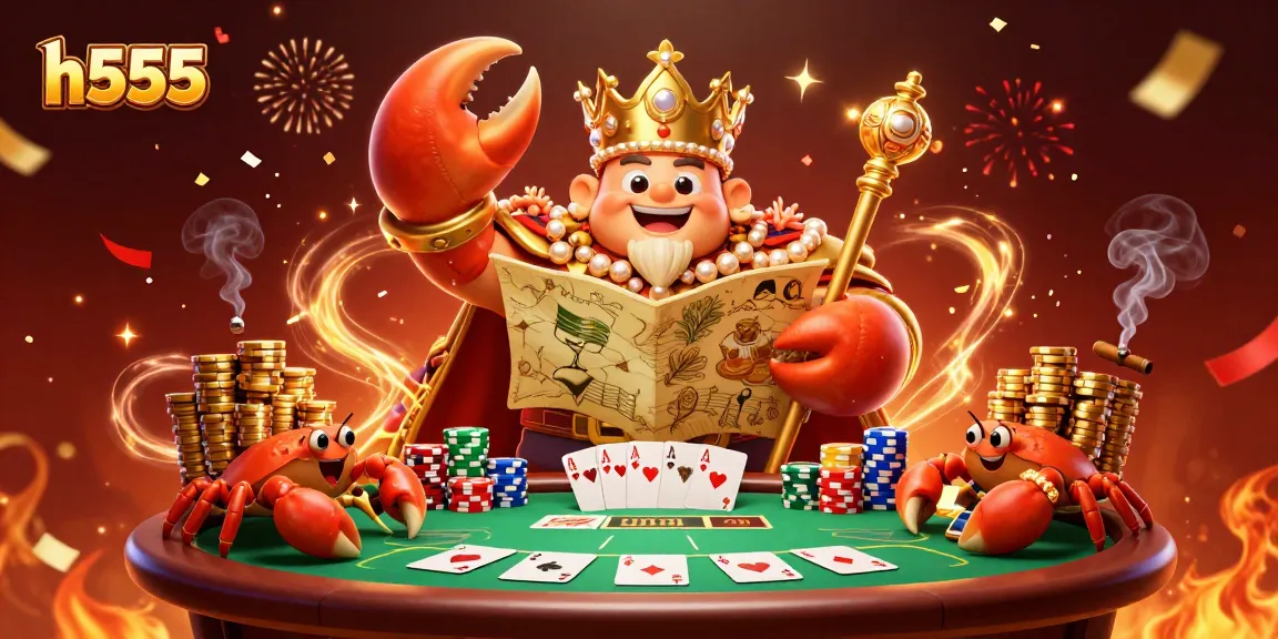 Bet on h555 and win with a vibrant 3D scene showcasing golden crab emperor and poker action.