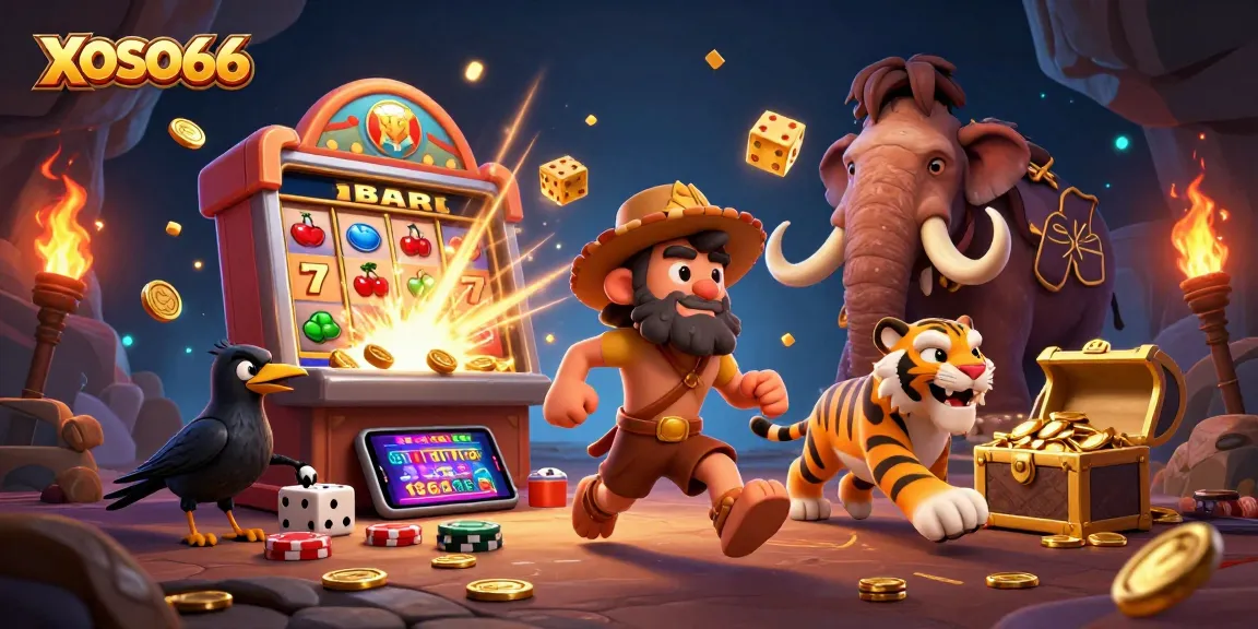 XOSO66 ignites excitement with a dynamic prehistoric casino scene featuring a caveman, sabertooth tiger, and a clever crow.