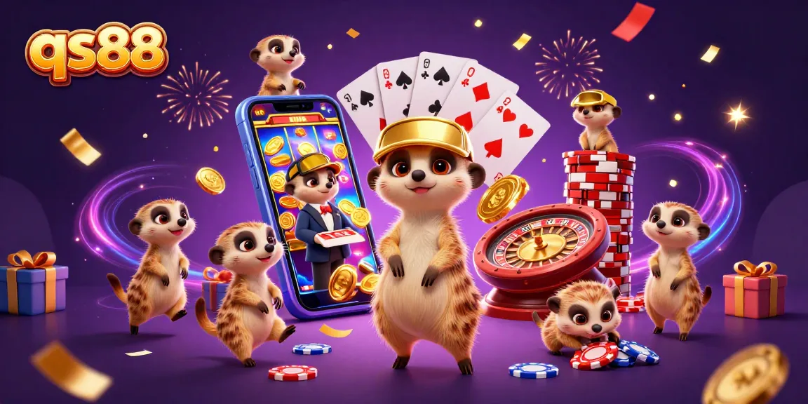 Players engage in thrilling casino games at qs88, surrounded by vibrant casino elements and lively meerkat characters.