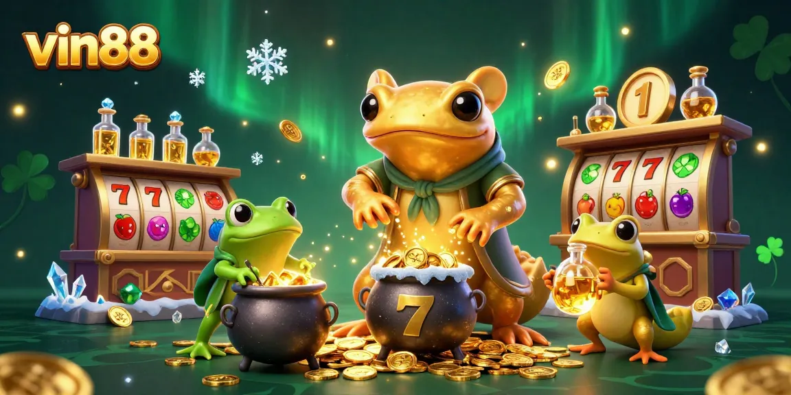 Experience the magic of vin88 through an enchanting 3D casino illustration featuring golden alchemists and dynamic slot games.